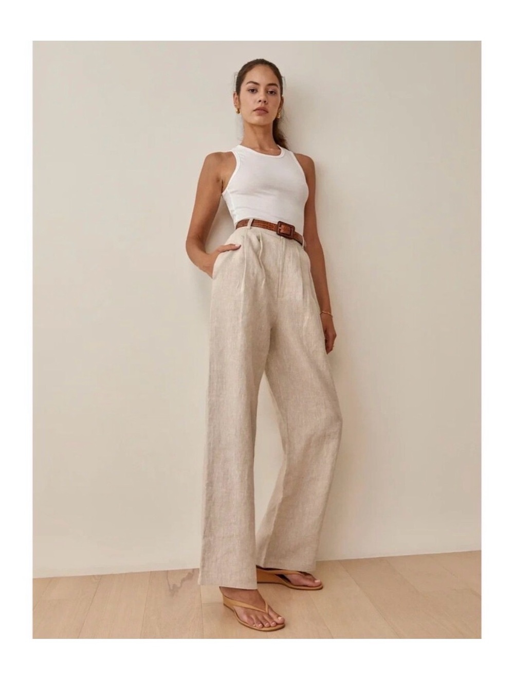 NWT REFORMATION Oatmeal Vesta Linen Pleated High Rise Pant Beachy Coastal SIZE 2 - Picture 1 of 8